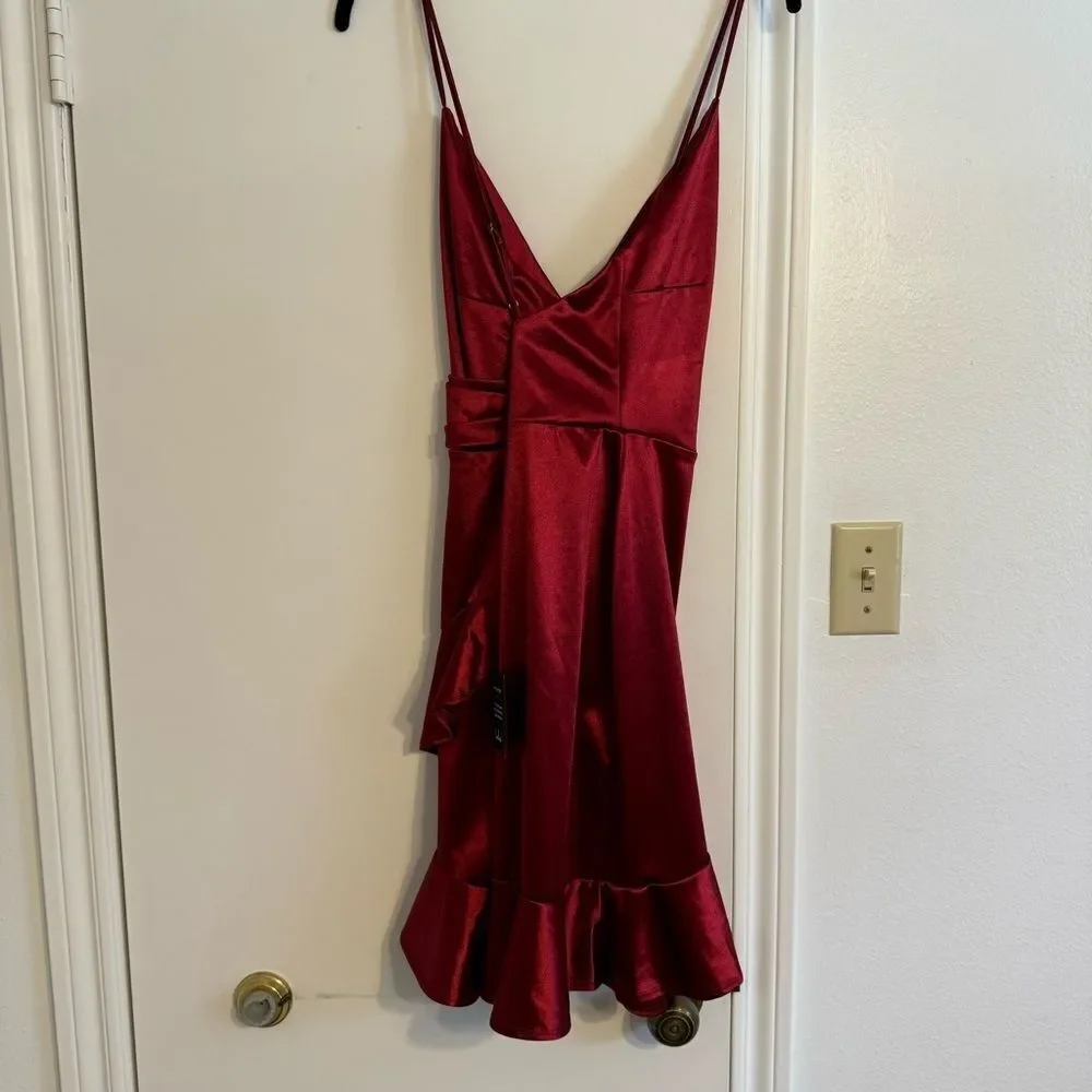 NWT Lulus Romantic Nights Burgundy Satin Ruffled Bodycon Mini Dress Size XL